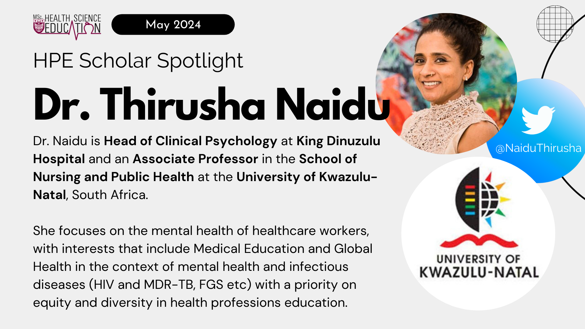 Text-based graphic including a headshot of a smiling woman, a twitter logo tagged with the text @NaiduThirusha, and a logo for the University of Kwazulu-Natal